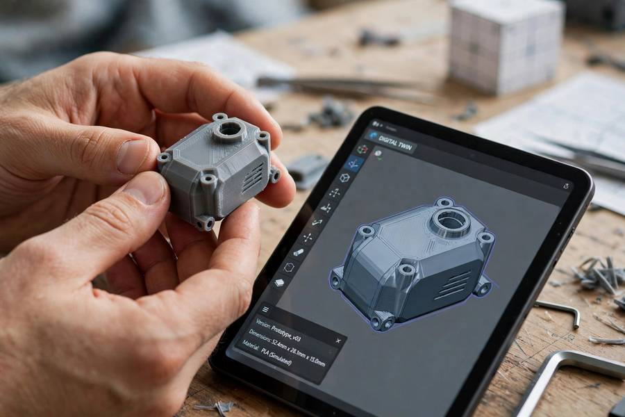 A 3D printed prototype beside its digital model, the output of a computational design workflow