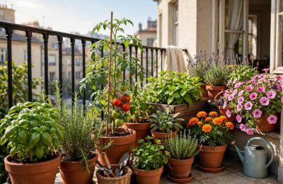 A thriving container garden on an apartment balcony