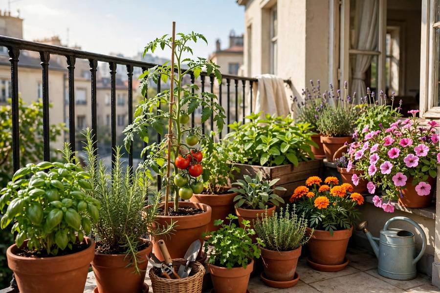 A thriving container garden on an apartment balcony