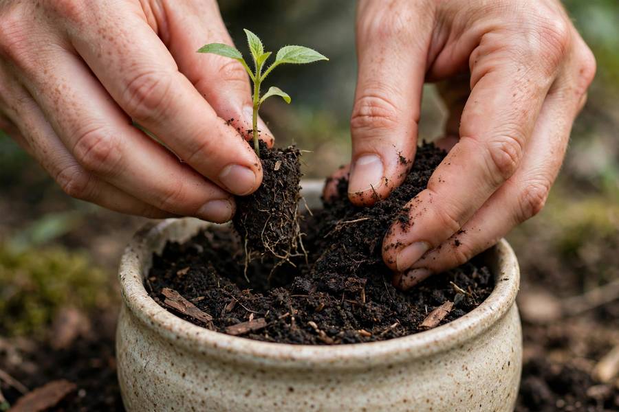 Planting a seedling in a container with fresh soil