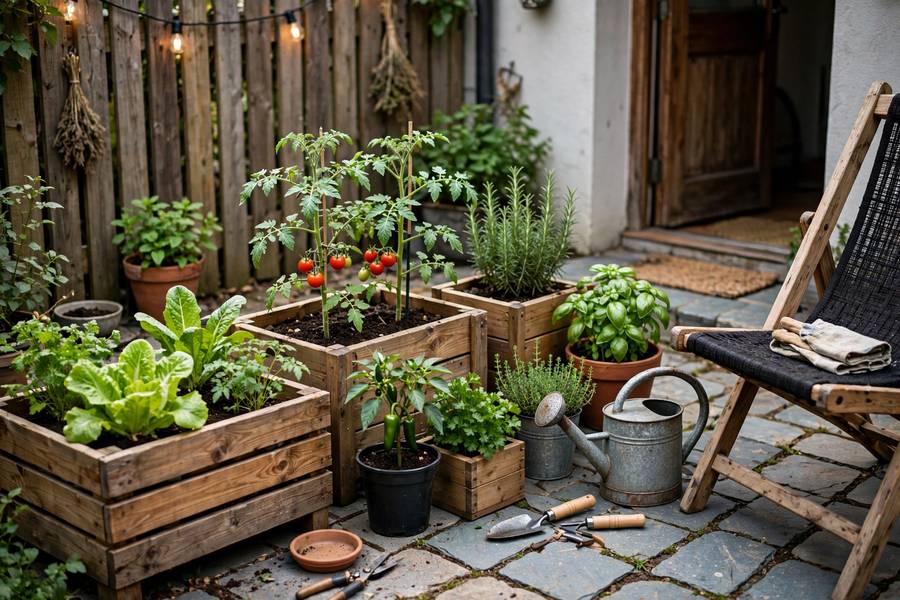 Wooden planters used for container gardening on a patio