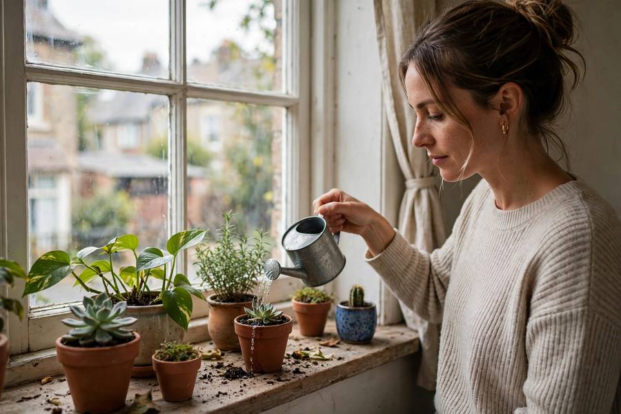 Watering indoor container garden plants on a windowsill