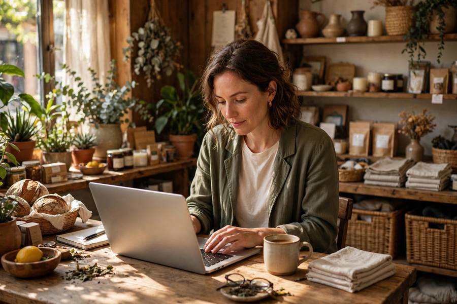 A small business owner writing a blog post for content marketing