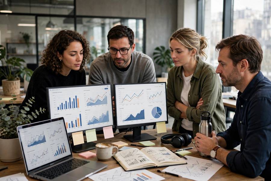 A marketing team reviewing content performance analytics
