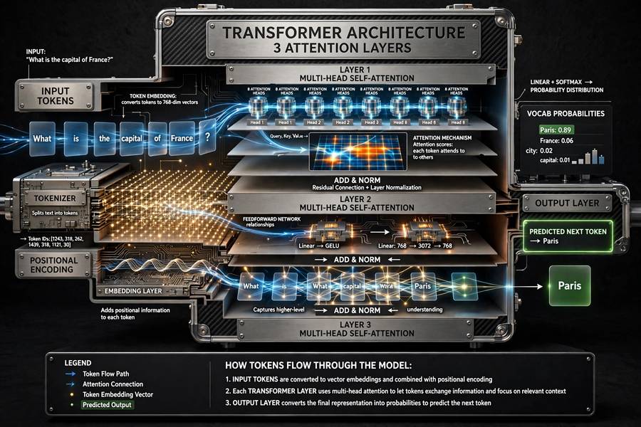 A cutaway diagram showing tokens flowing through a large language model's attention layers
