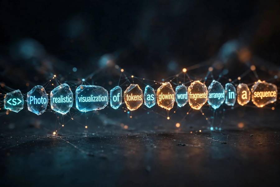 Visualization of tokens as glowing word fragments arranged in sequence