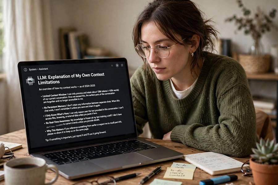 A person reading an LLM's explanation of context limitations on a screen