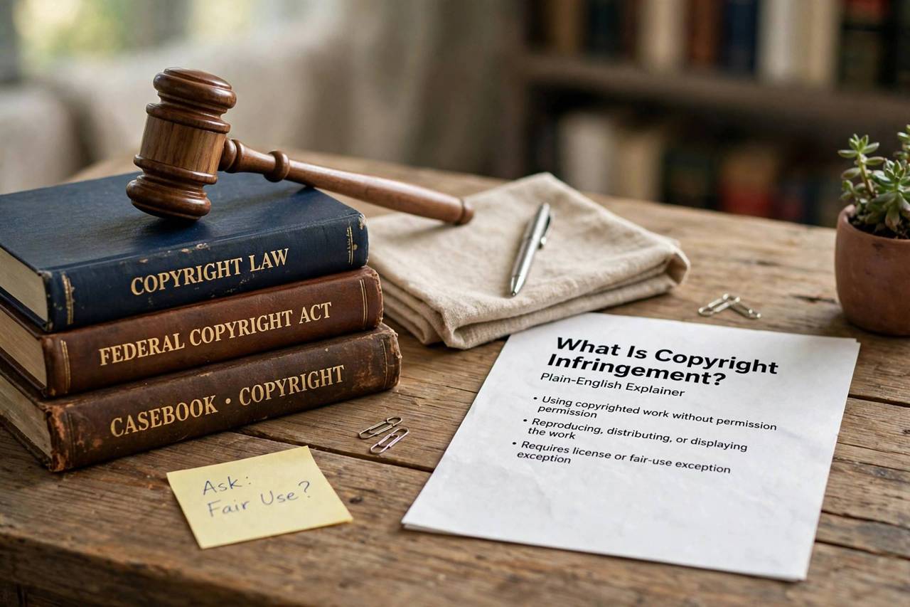 Gavel and law books representing copyright law on a wooden table