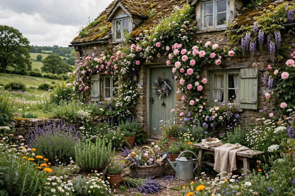 Cottagecore aesthetic scene with a flower-covered stone cottage and garden