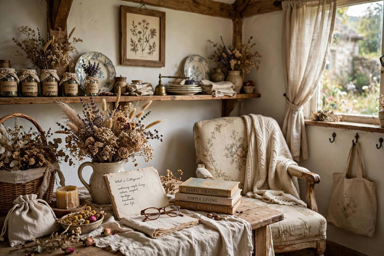 Cottagecore style interior with vintage furniture, dried flowers and linen textiles