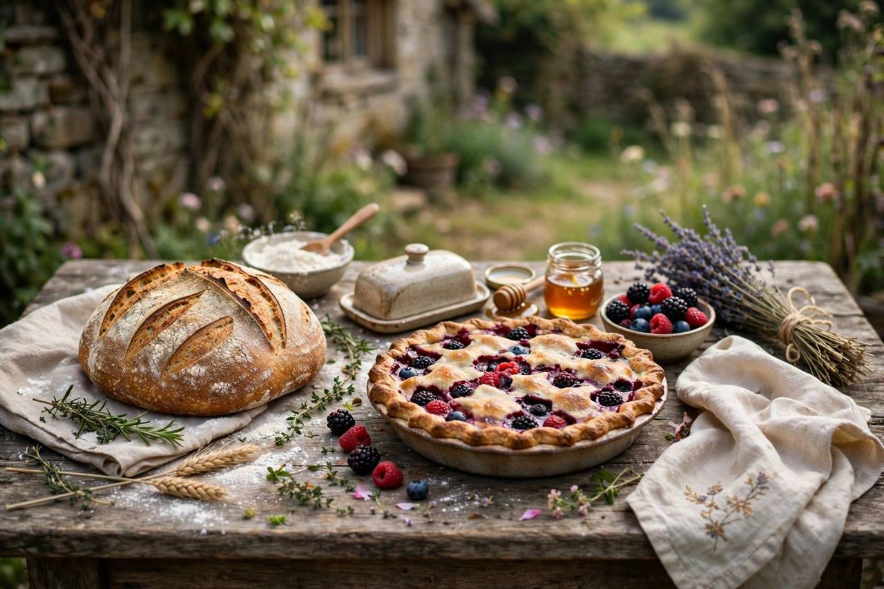 Homemade cottagecore baking scene with sourdough bread and berry pie on a wooden table