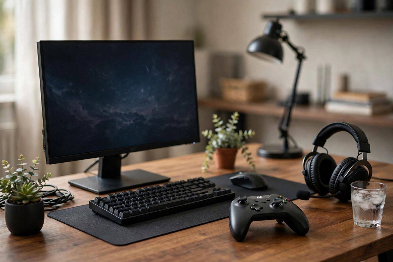 Gamer's desk setup with a PC monitor, console controller, and headset