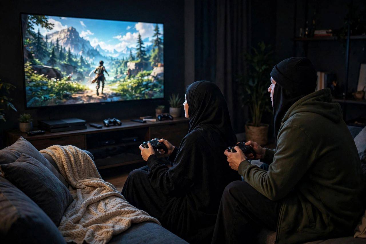 Two players gaming together on a couch with controllers, TV glowing in a dark room