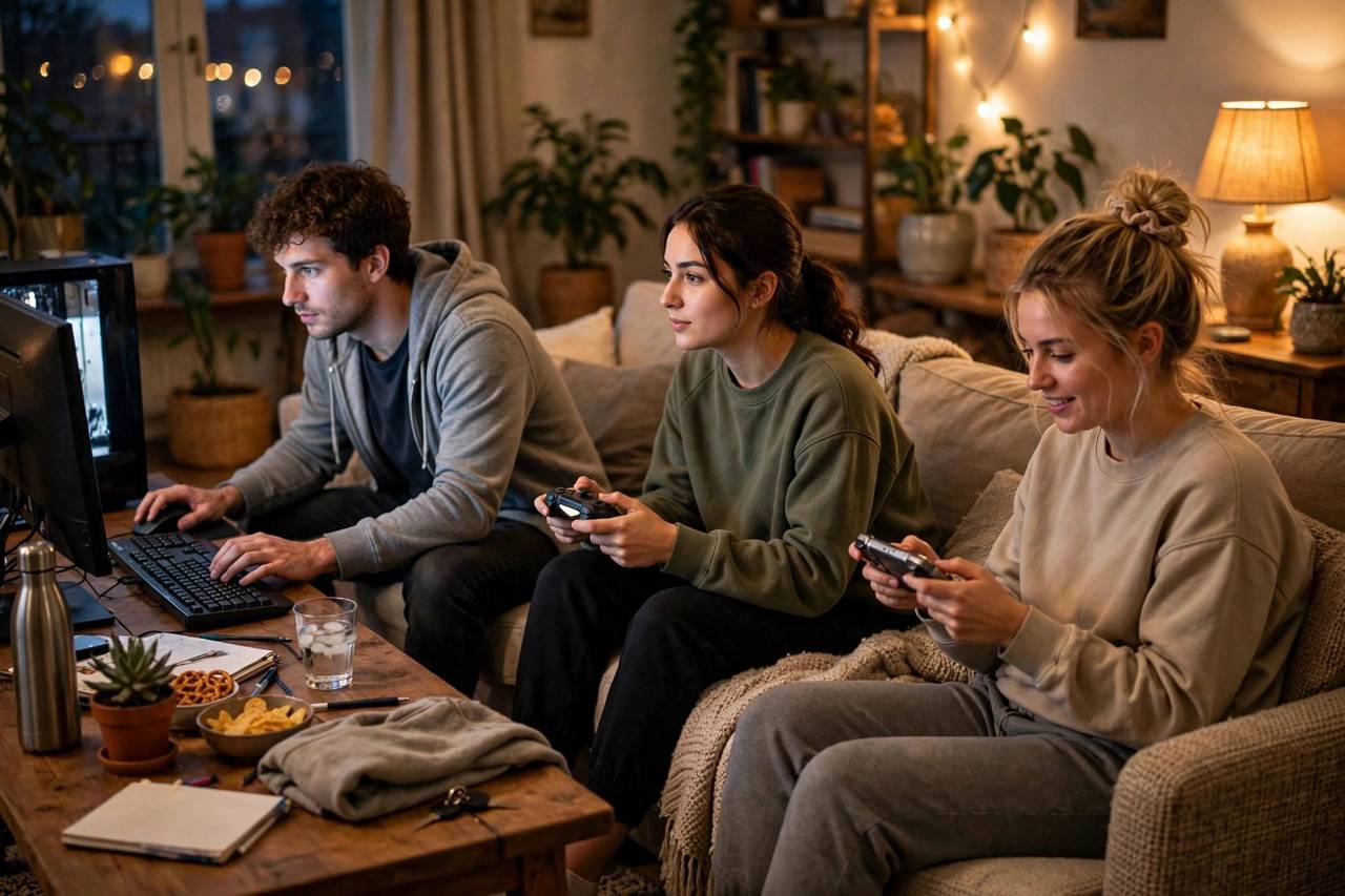 Friends playing the same online game together on a console, PC, and handheld device in one living room