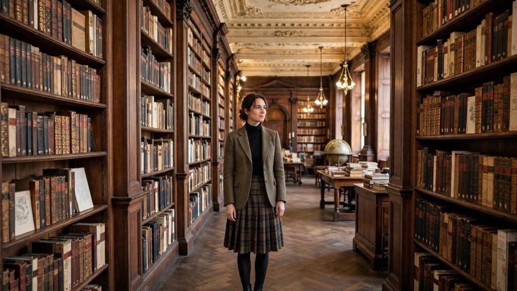 Person in a tweed blazer, turtleneck and plaid skirt standing in a historic library with wooden bookshelves, fully covered modest outfit