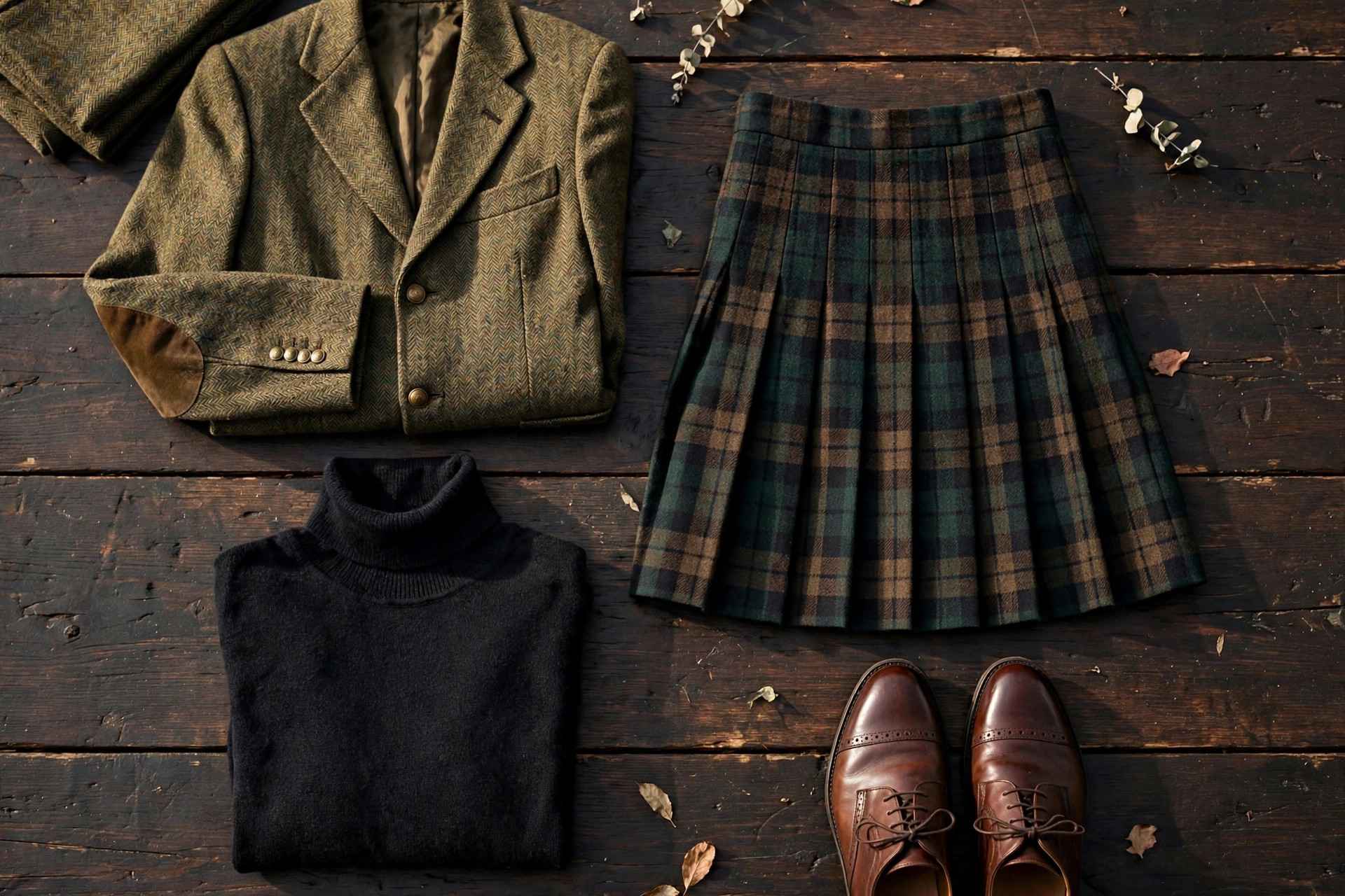 Flat lay of dark academia essentials: tweed blazer, turtleneck sweater, pleated plaid skirt and leather oxford shoes on a dark wooden table