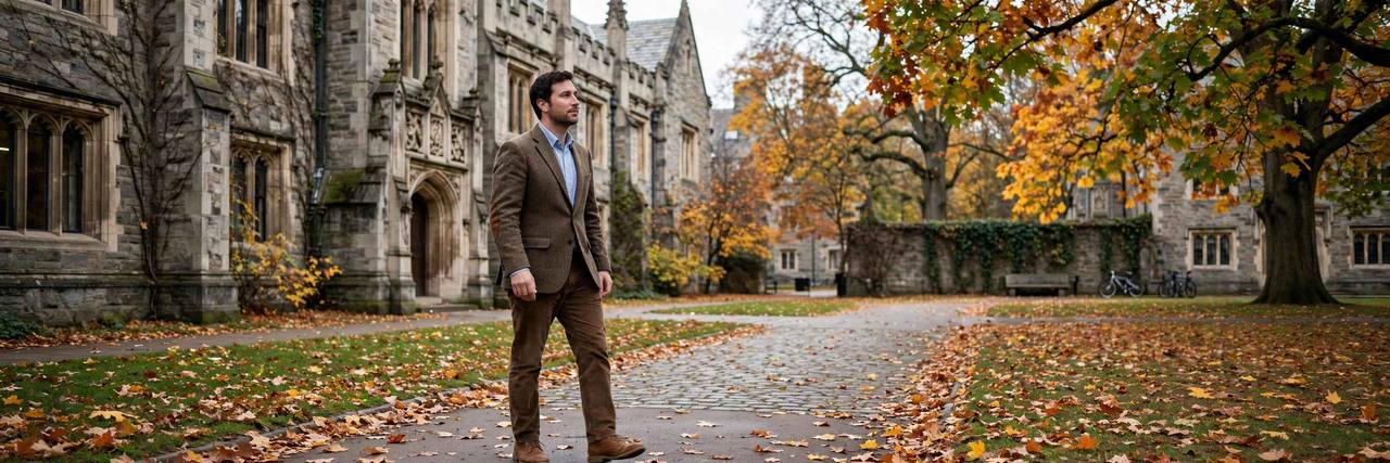 Man in a brown tweed blazer with elbow patches and corduroy trousers walking on a university campus in autumn, modest full-coverage outfit