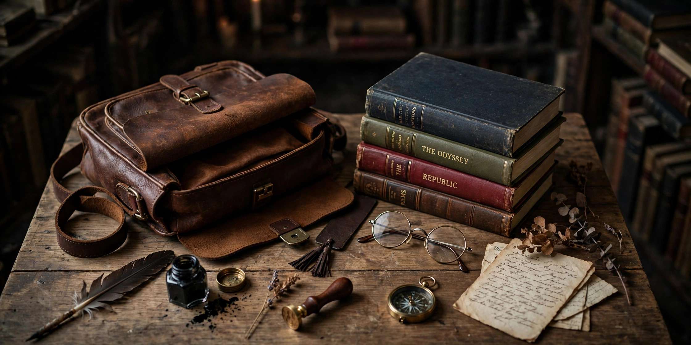 Leather satchel bag, round spectacles and a stack of classic books on a wooden desk, dark academia accessories flat lay