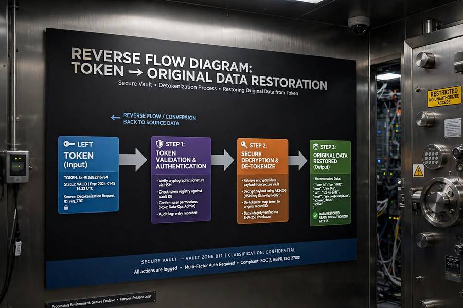 A reverse flow diagram showing a token converted back to original data in a vault