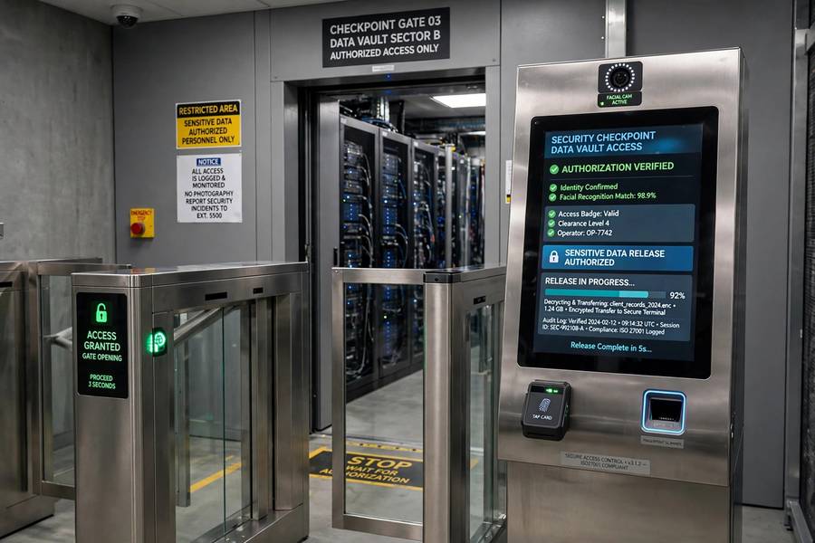 A security checkpoint verifying authorization before releasing sensitive data