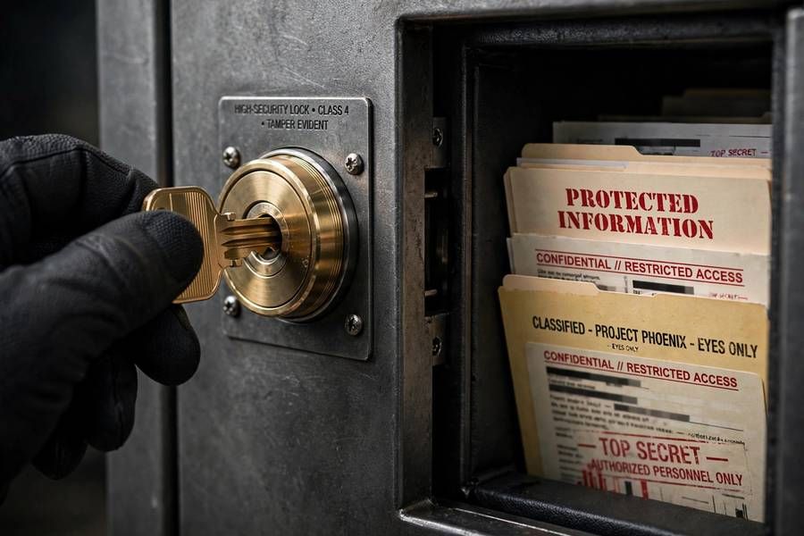 A key turning in a high-security lock revealing protected information