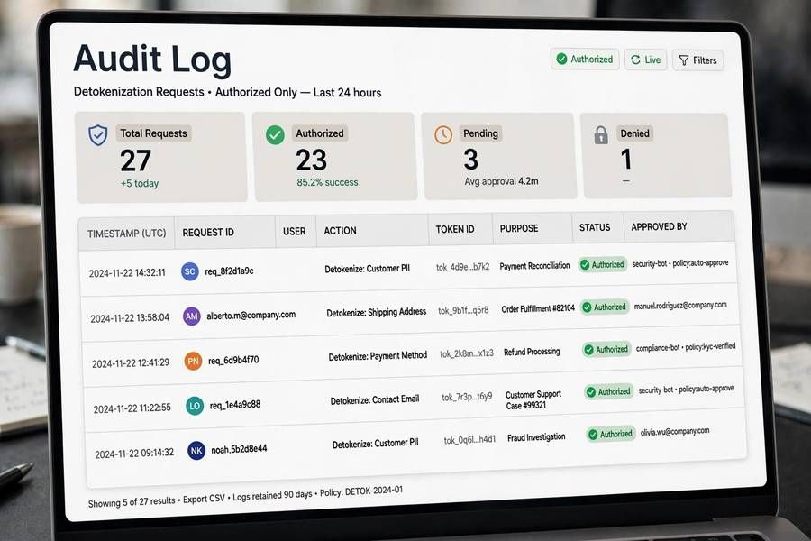 An audit log showing authorized detokenization requests with timestamps