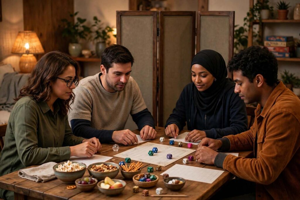 Friends gathered around a table playing D&D with dice, character sheets, and snacks