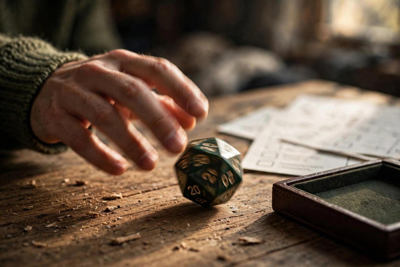 Hand rolling a 20-sided die (d20) onto a table next to character sheets