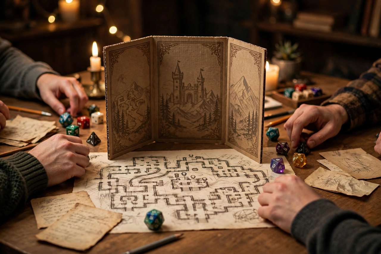 DM screen with dice, maps, and notes set up behind it, players' hands visible