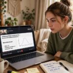 What Is E-Learning? Types, Benefits, and How to Succeed Woman participating in e-learning with an online video lecture on her laptop