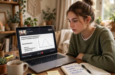 Woman participating in e-learning with an online video lecture on her laptop