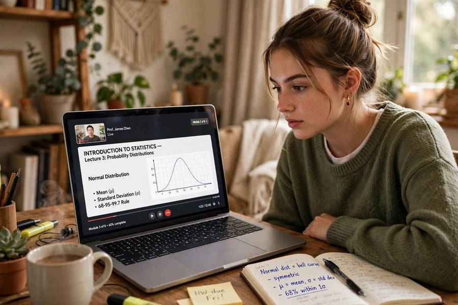 Woman participating in e-learning with an online video lecture on her laptop