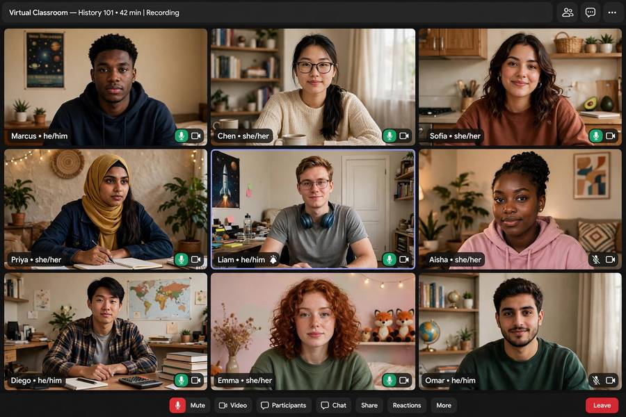 Students attending a virtual classroom video call as part of e-learning