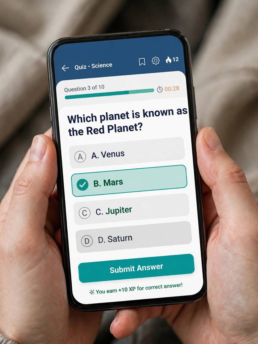 Mobile e-learning app showing a quiz on a smartphone
