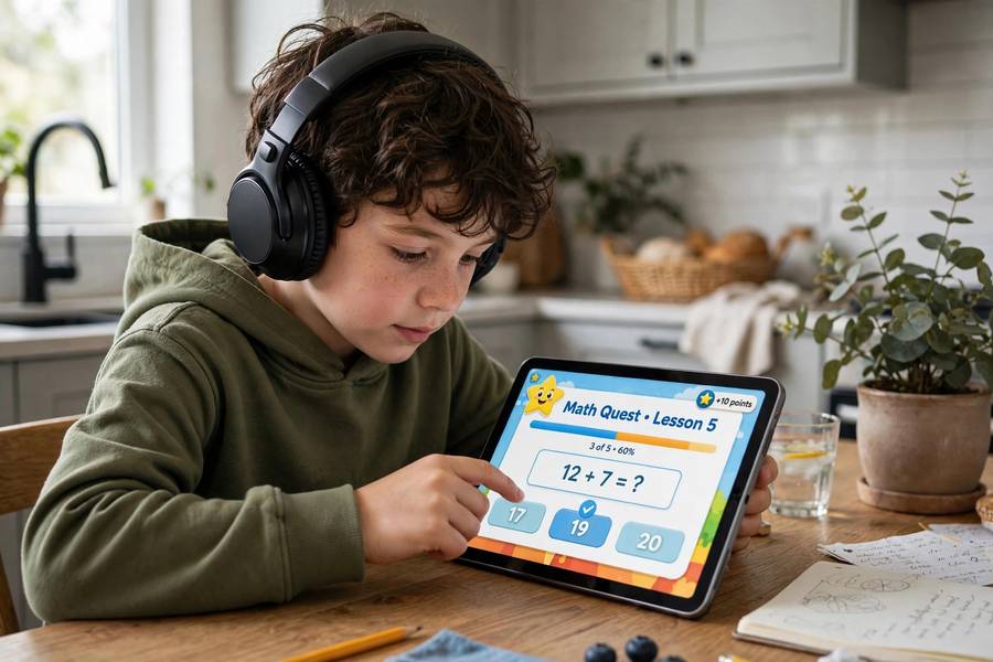 Child doing interactive e-learning lesson on a tablet with headphones
