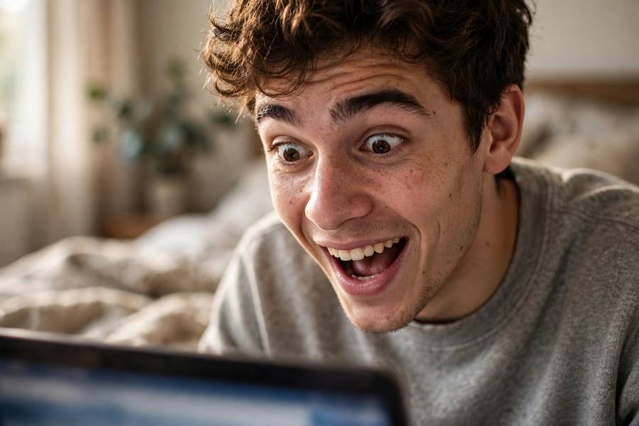 Student opening an early acceptance email on a laptop