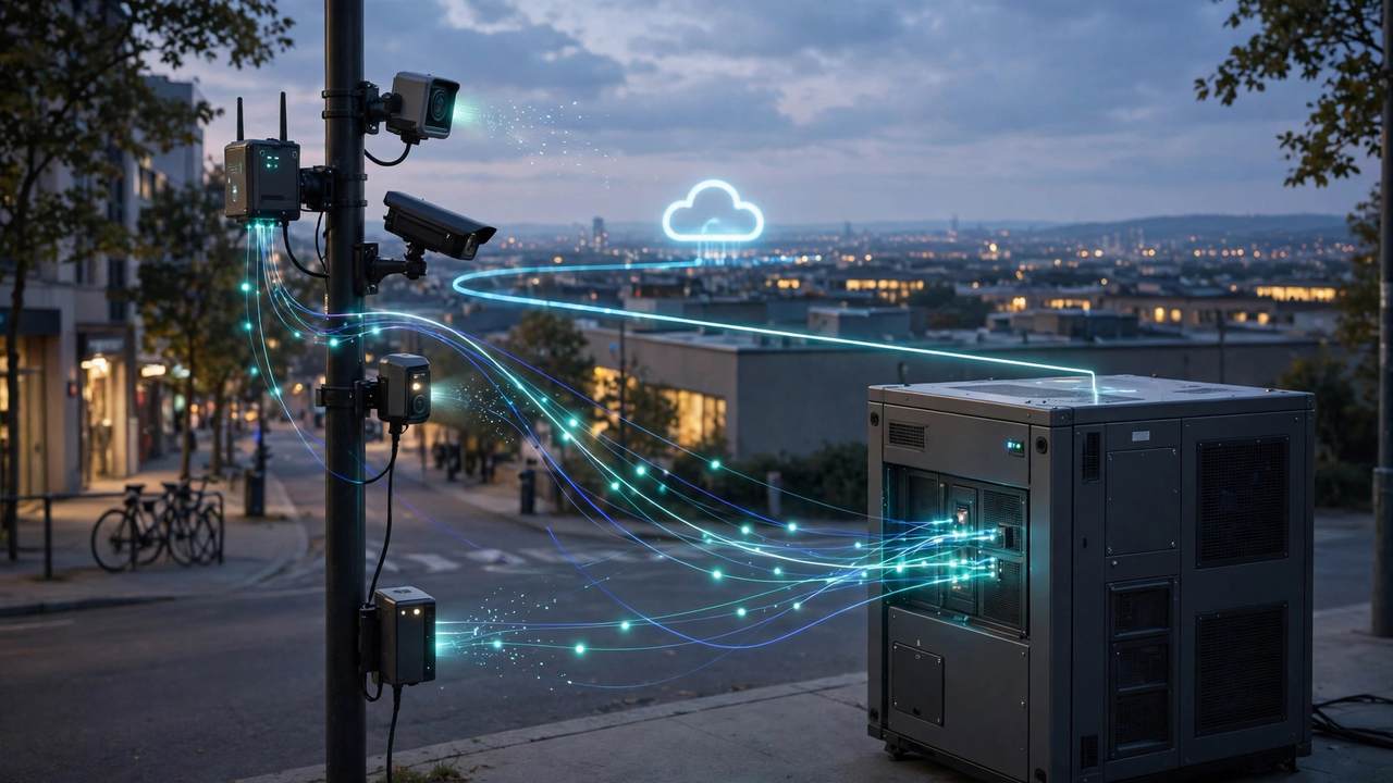 Diagram-style illustration of an edge network with sensors sending processed alerts to the cloud