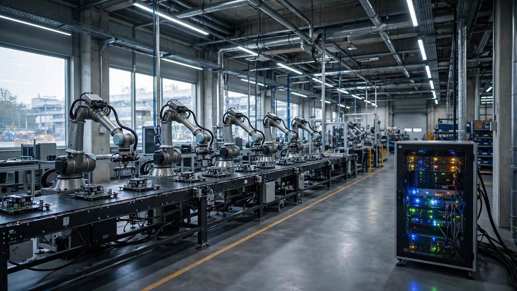 Factory floor with robotic arms and edge computing servers processing sensor data