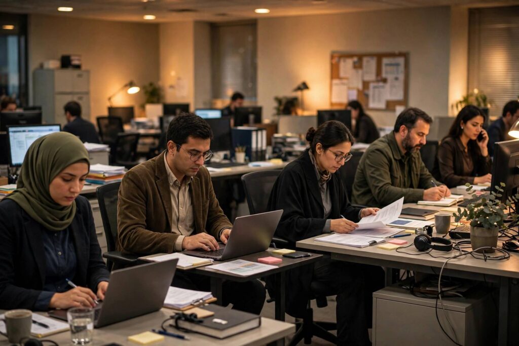Newsroom with journalists working at desks under warm lighting