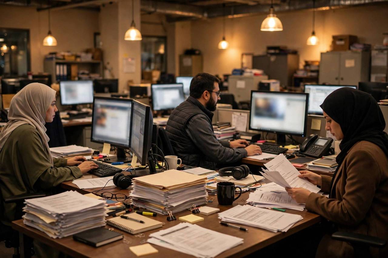 Busy newsroom desks with monitors and papers under warm lighting