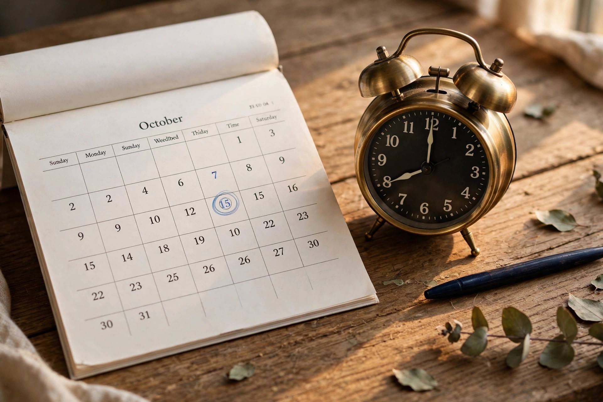 Calendar page and alarm clock illustrating a scheduled publication time
