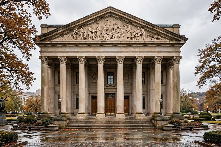 A courthouse building with columns representing the legal process of eminent domain cases