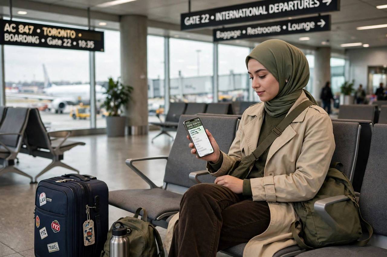 Traveler using smartphone at an airport, connected via eSIM
