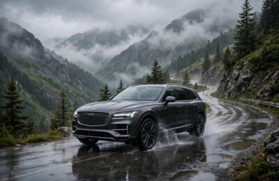 Full time 4WD SUV driving on a wet mountain road, showing what is full time 4WD