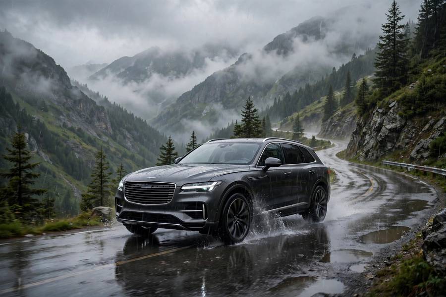 Full time 4WD SUV driving on a wet mountain road, showing what is full time 4WD