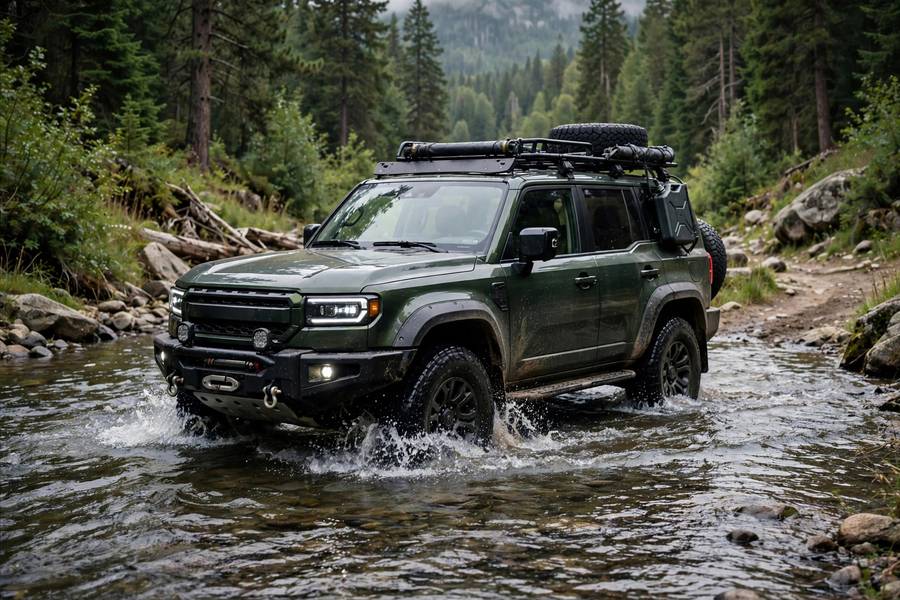 Full time 4WD SUV crossing shallow water on an off-road trail