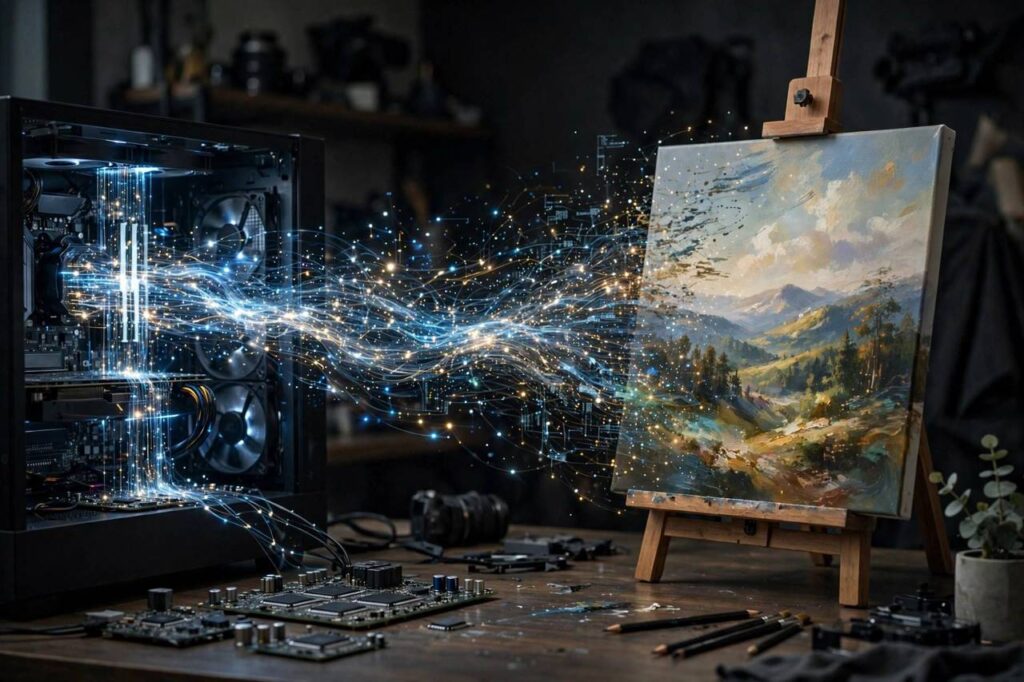 Conceptual illustration of generative AI creating art from digital data streams