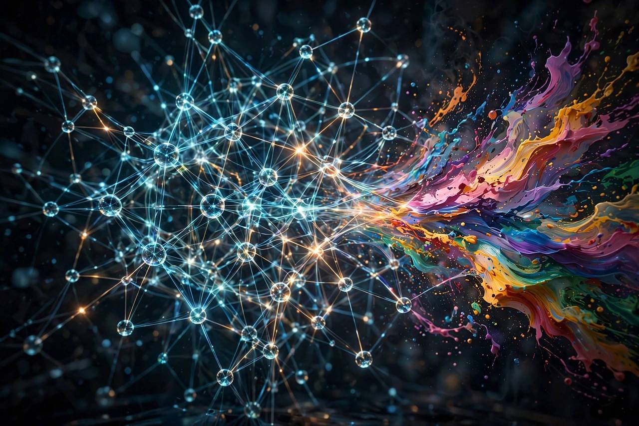 Abstract illustration of a glowing neural network generating colorful digital artwork