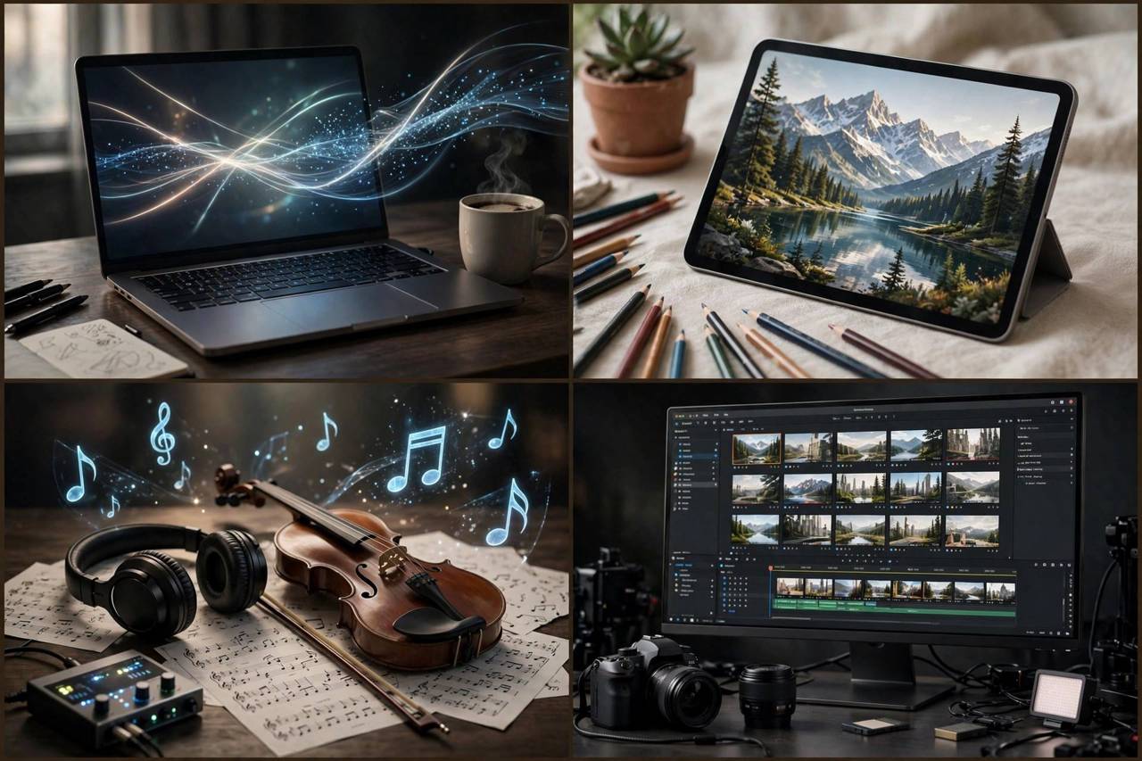 Split-screen collage showing AI-generated text, image, music notes, and video frames