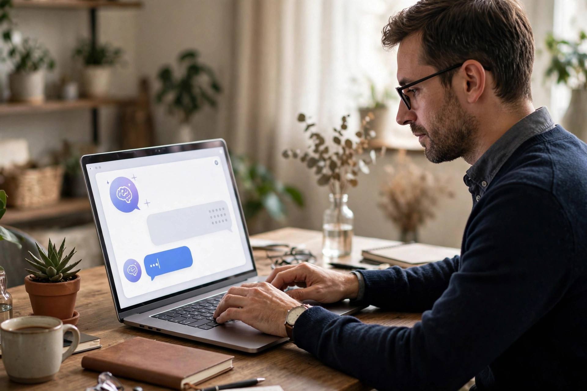 Person typing a detailed prompt on a laptop with an AI chatbot responding on screen